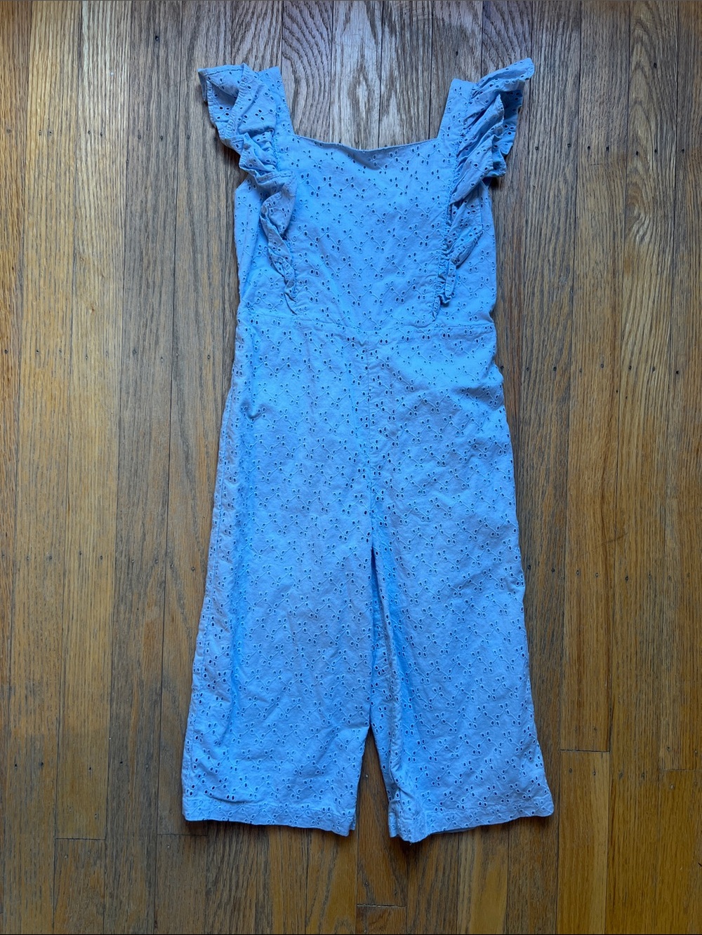 Hope and Henry Girls' Light Blue Eyelet Ruffle Strap Jumpsuit